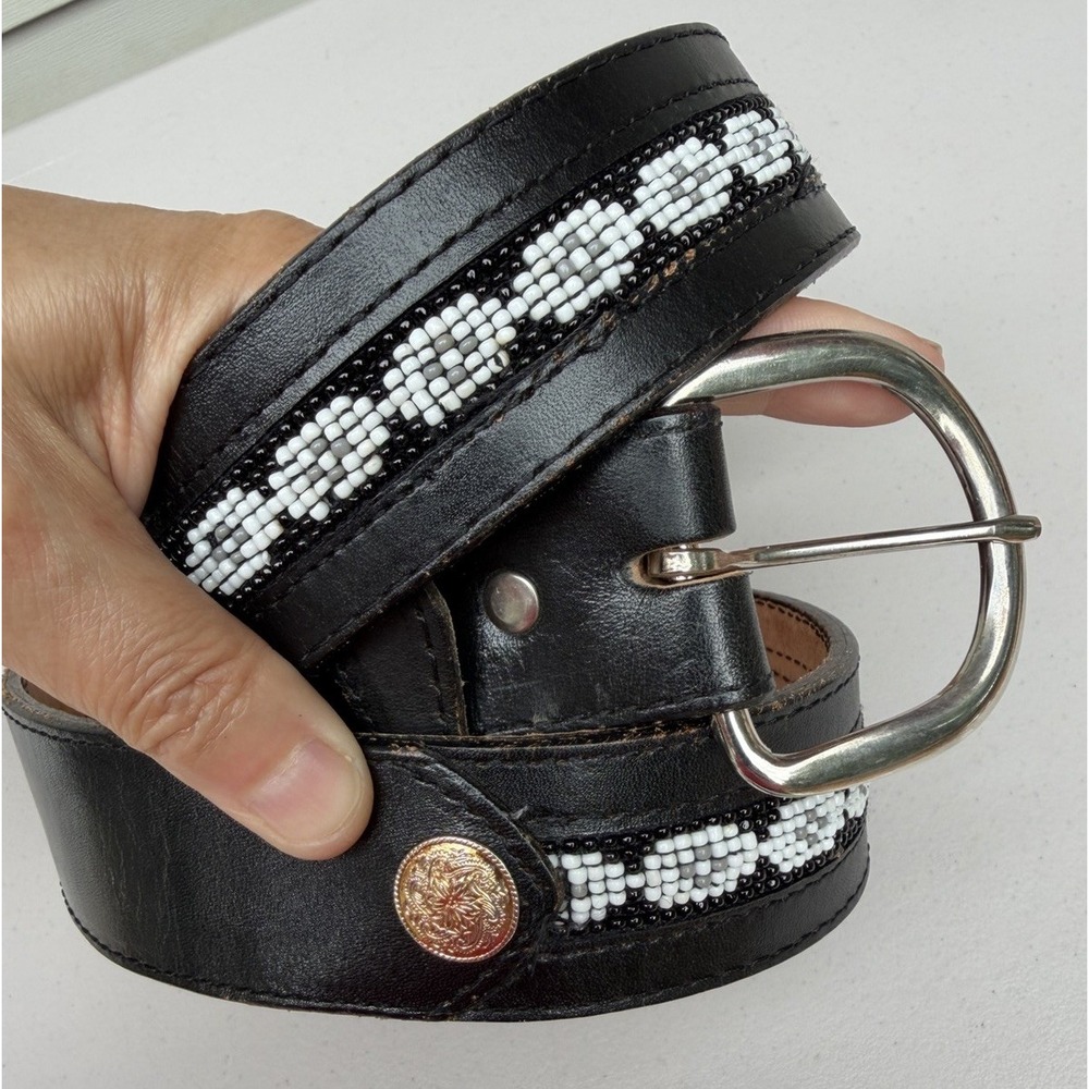 Vintage Bar 3 Black Leather Western Belt Beaded Concho USA Size 40